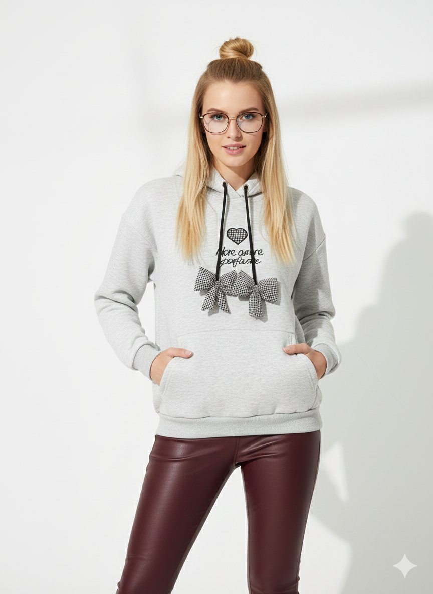 Kadın Kapüşonlu Cepli Üç İplik Yumuşak Dokulu İpi Fiyonk Detaylı İşlemeli Uzun Kollu Sweatshirt