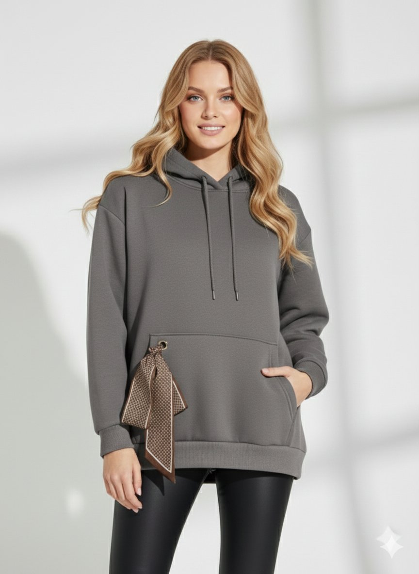 Kadın Kapüşonlu Yumuşak Dokulu Cep Detaylı Fularlı Uzun Kollu Sweatshirt