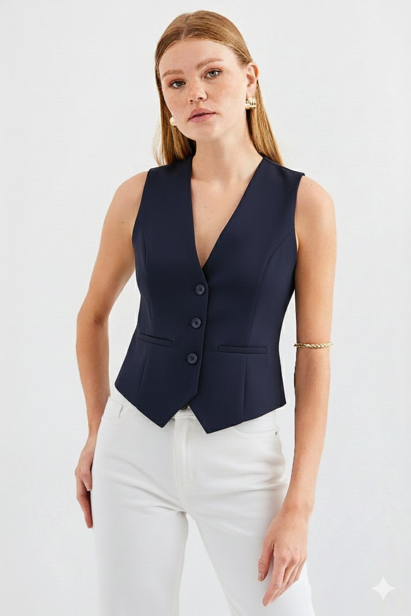 Kadın Kruvaze Kesim Slim Fit V Yaka Düğme Detaylı Yelek