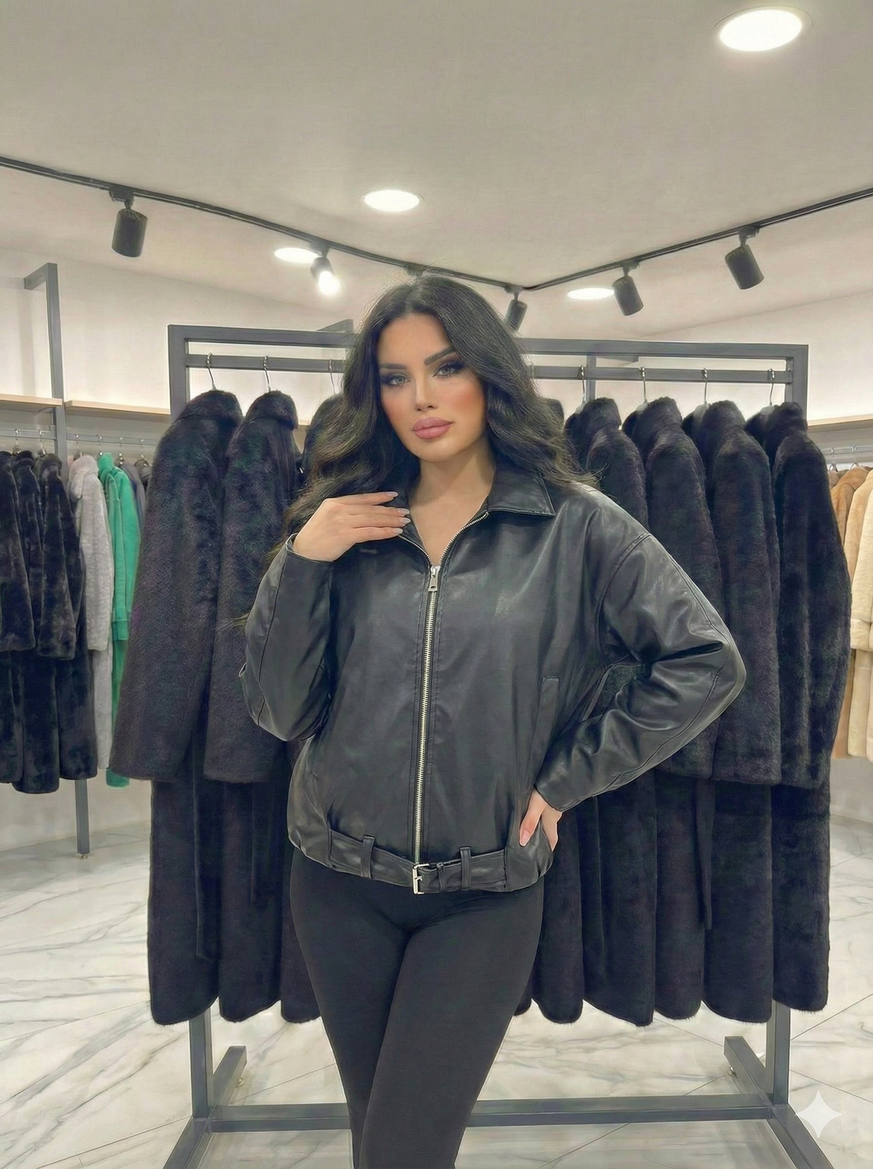 Kadın Oversize Gömlek Yaka Fermuarlı İçi Astarlı Beli Kemer Detaylı Çift Cepli Crop Deri Mont 4875