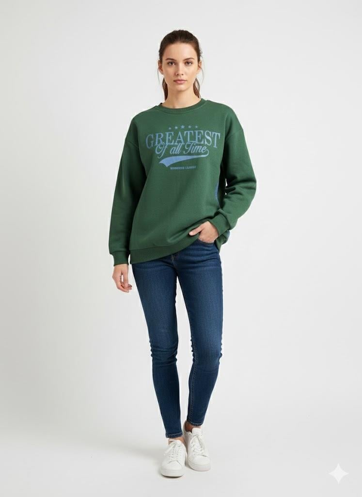 Kadın Üç İplik Şardonlu Arkası Kot ve Düğme Detaylı Baskılı Bisiklet Yaka Sweatshirt