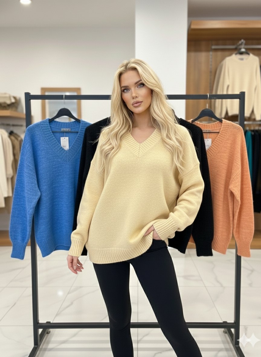 Kadın V Yaka Oversize Basic Kare Desenli Fitilli  Triko Kazak - 6542