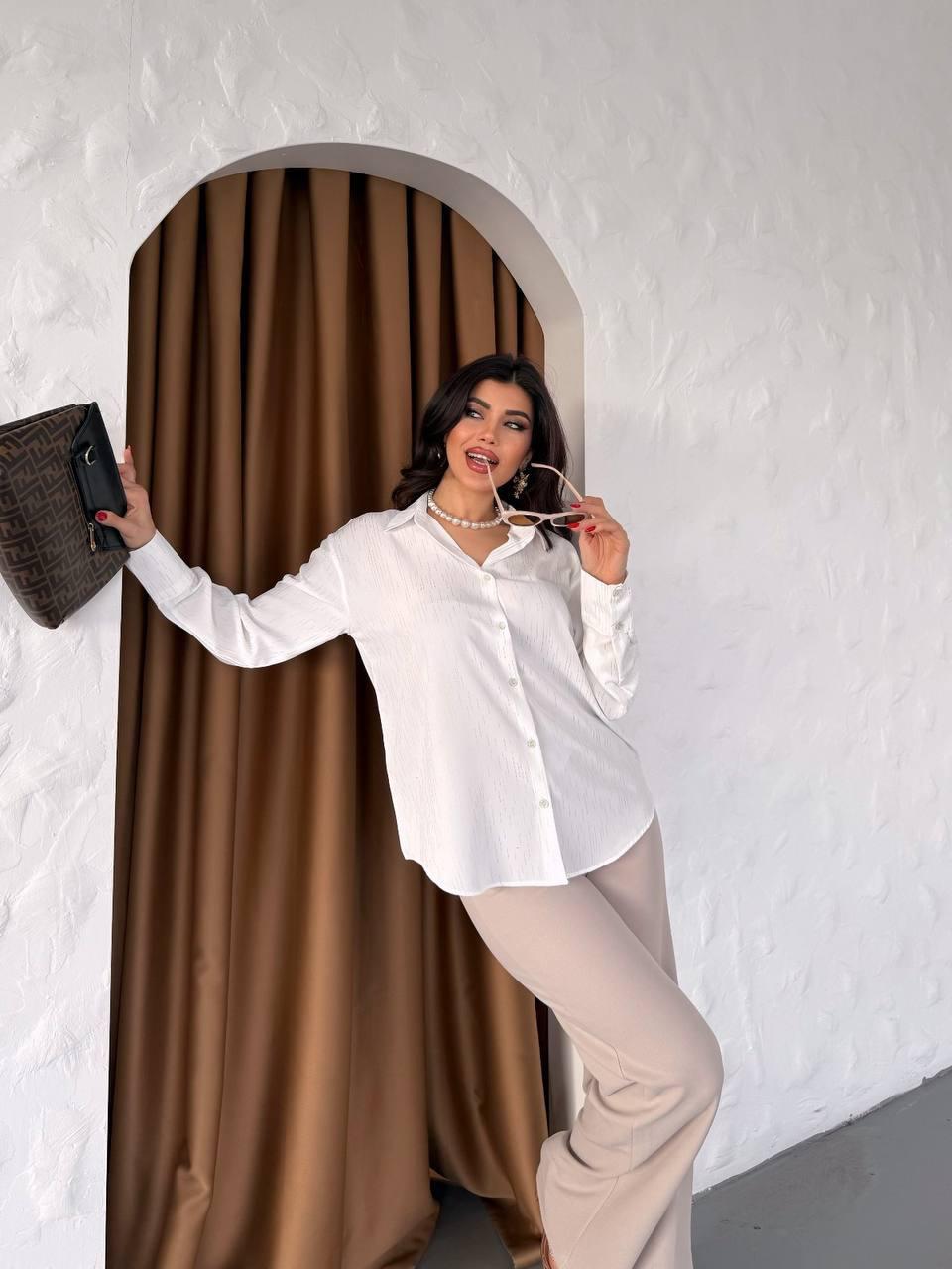 Saten Gri Simli Oversıze Uzun Kollu Düğmeli Gömlek 