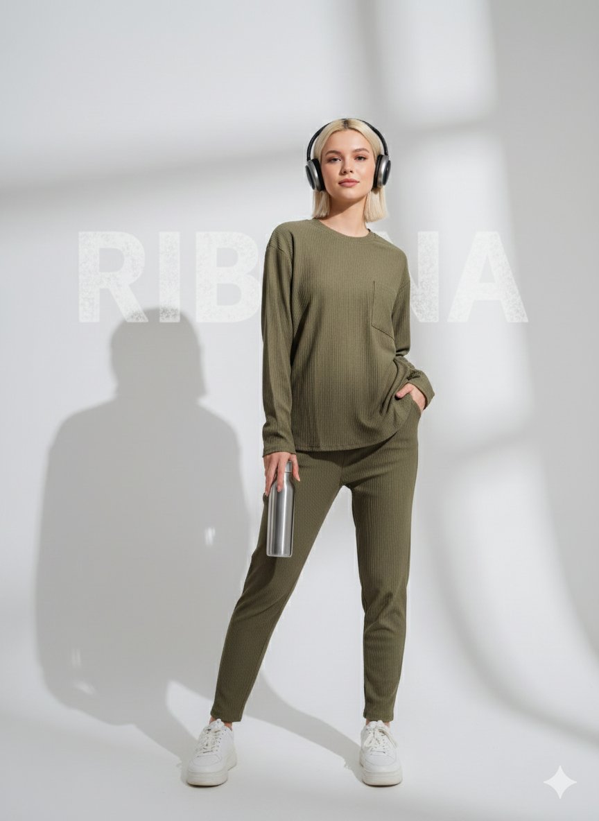 Unisex Haki Fitilli İçi Polarlı Bisiklet Yaka Slim Cepli 2'li Takım