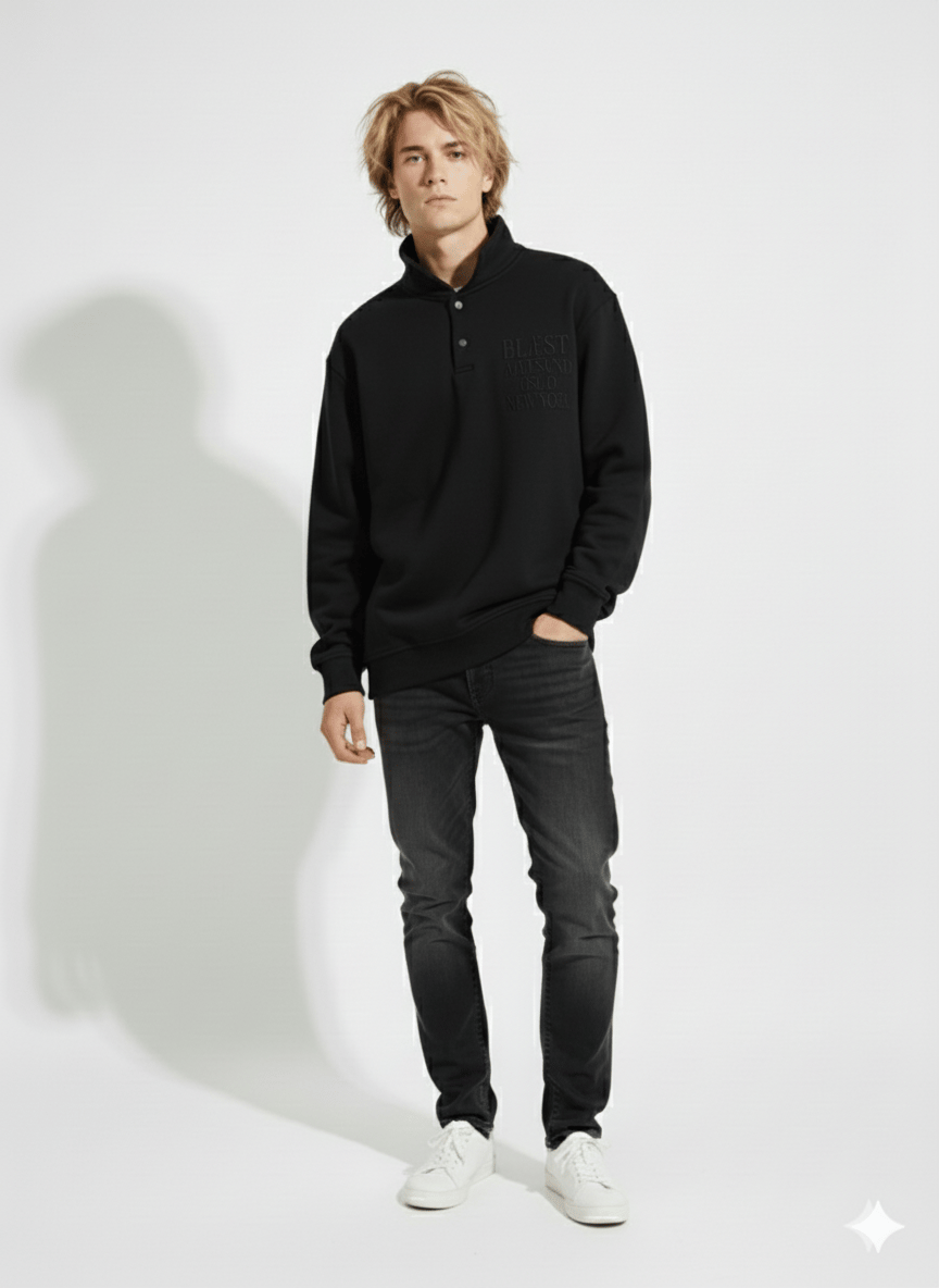 Unisex Regular Çift İplik Yumuşak Dokulu Düğmeli Sweatshirt