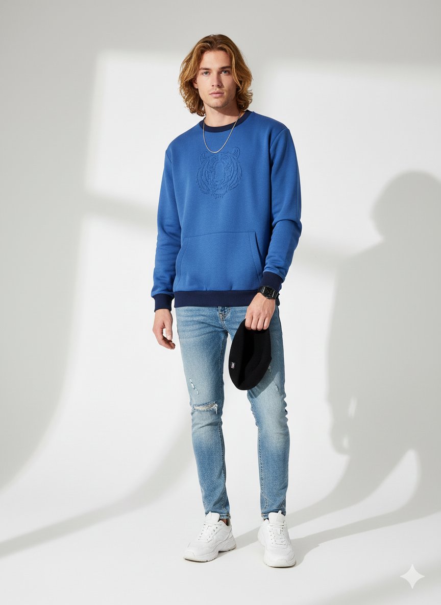 Unısex Regular Fit Bisiklet Yaka Aslan Baskılı Üç İplik Cep Detaylı Lacivert Sweatshirt