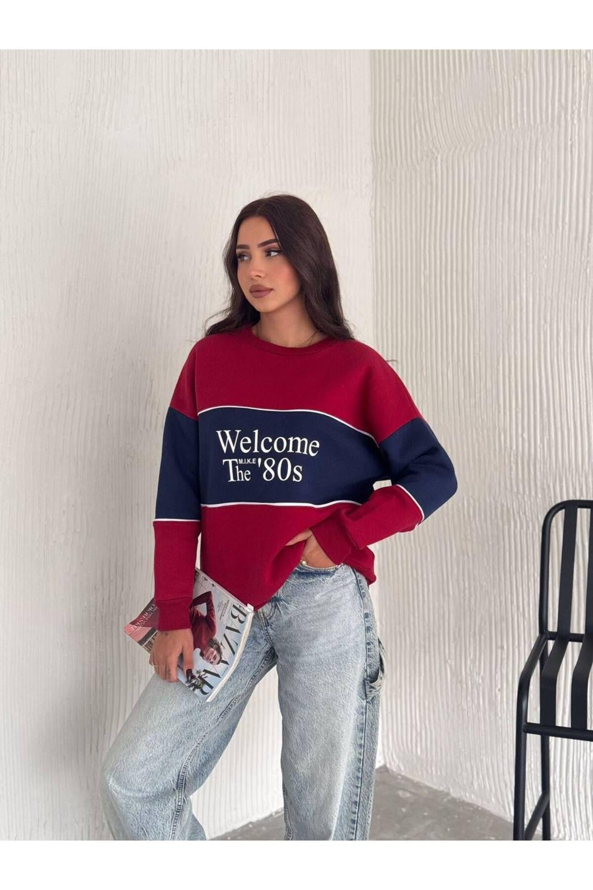 Yazı Detaylı Renk Bloklu Bisiklet Yaka 3 İplik Sweatshirt