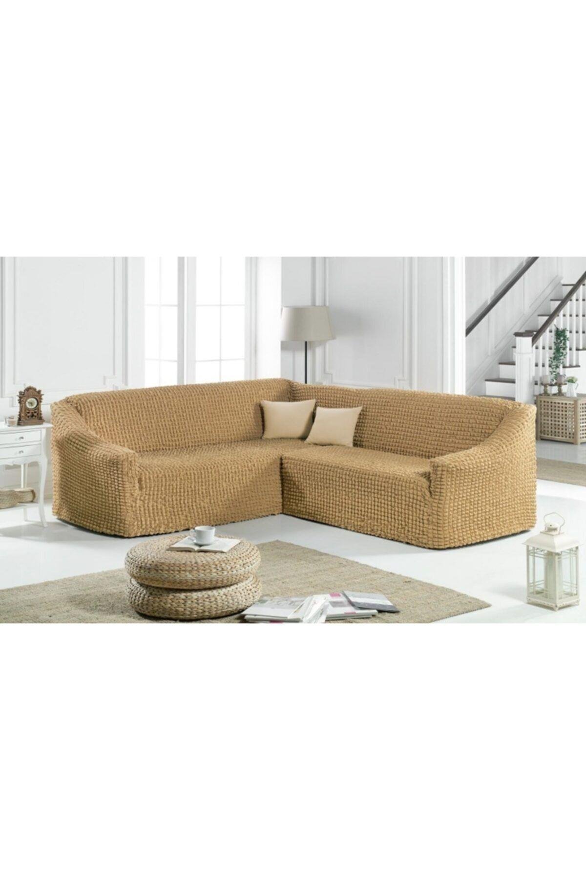 Bej Bürümcük L Köşe Koltuk Örtüsü Eteksiz Boydan Bürümcük Lastıkli Standart 1 Adet