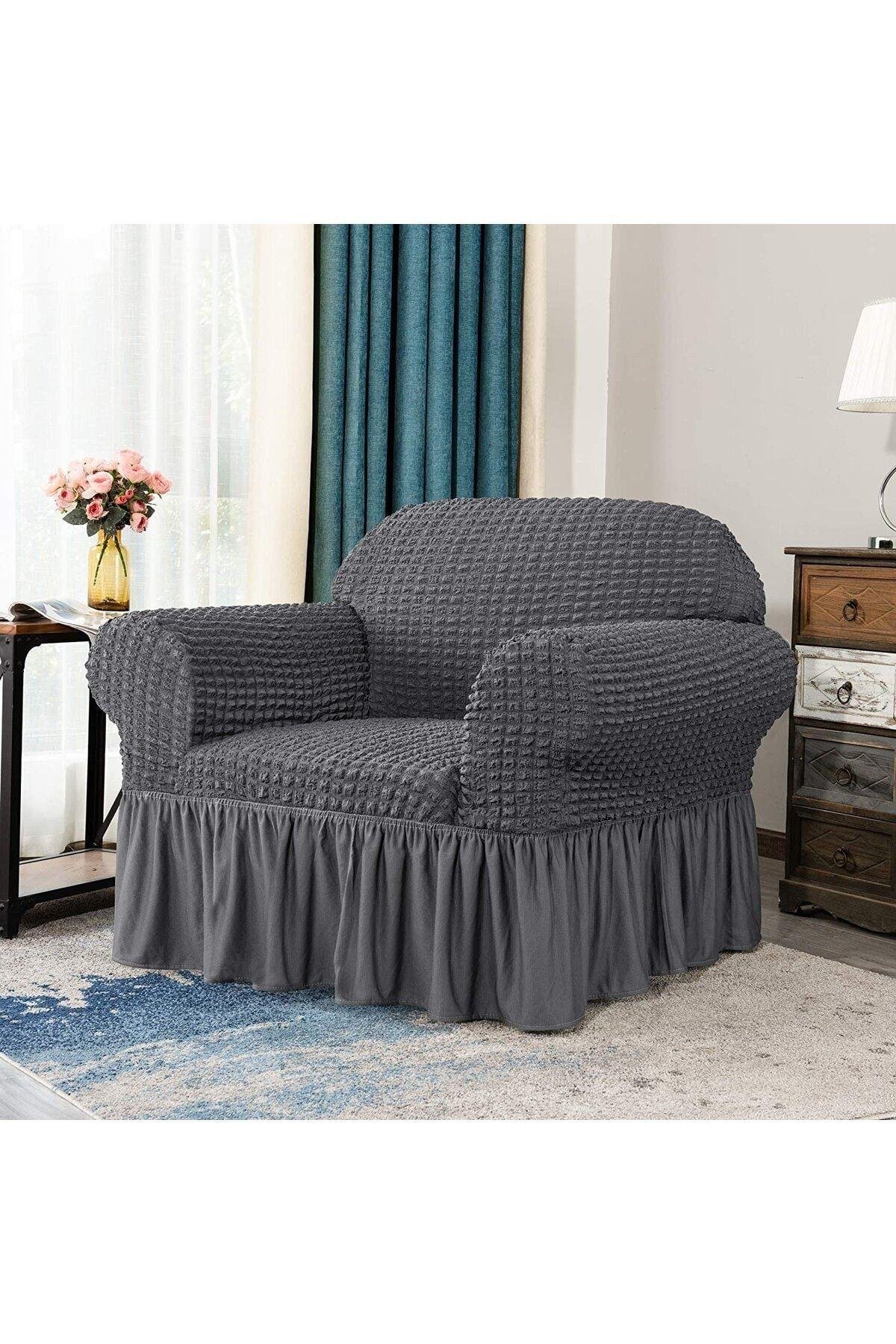 Bürümcük Tek Kişilik Koltuk Kılıfı Berjer Örtüsü Lastikli Esnekli Etekli