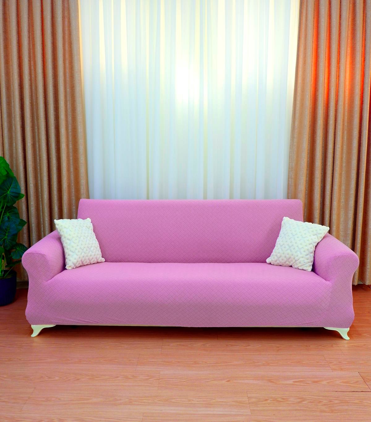 Jakarlı 3'lü Koltuk Örtüsü Sepet Desen - Pembe