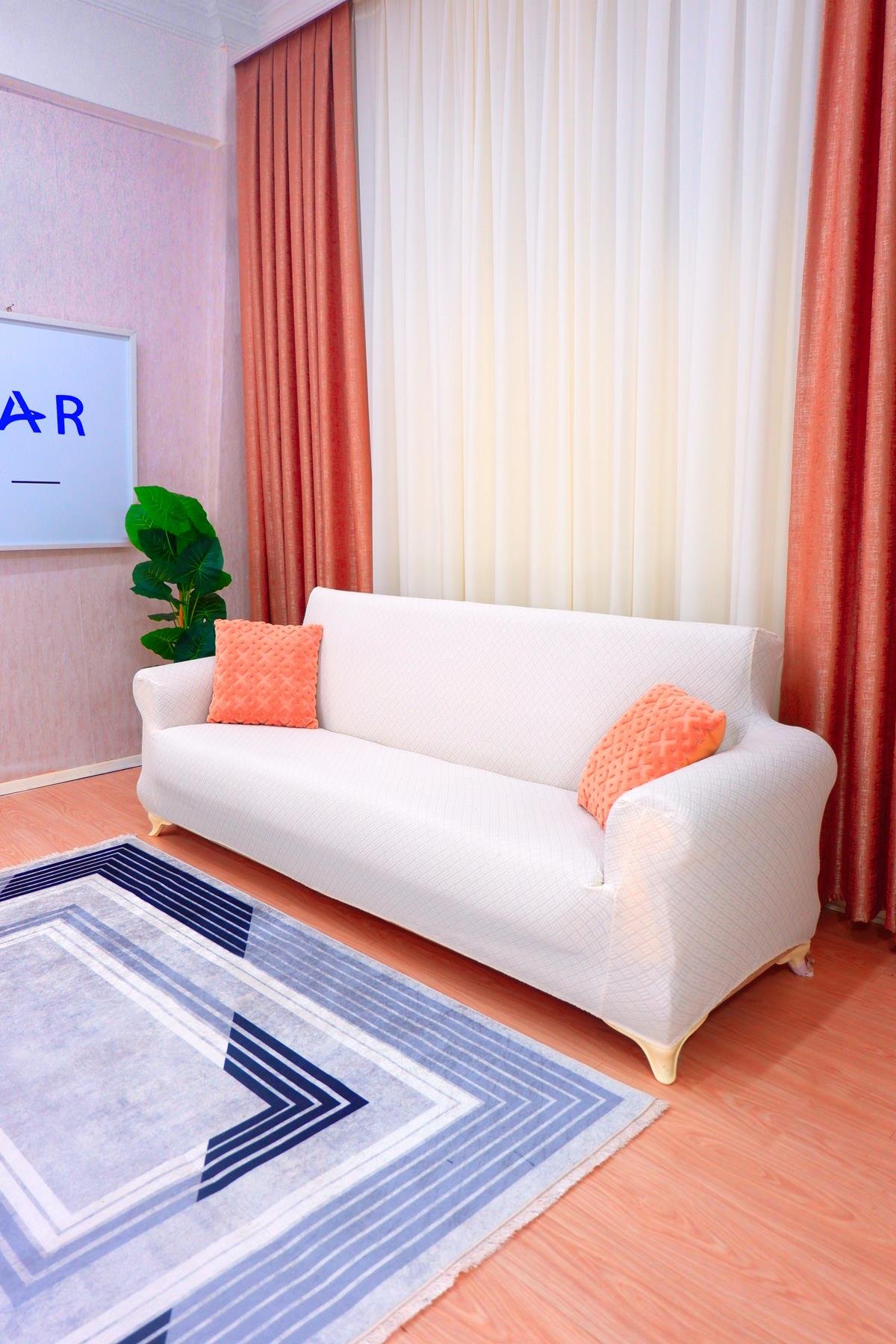 Jakarlı 3'lü Koltuk Örtüsü Sepet Desen - Krem