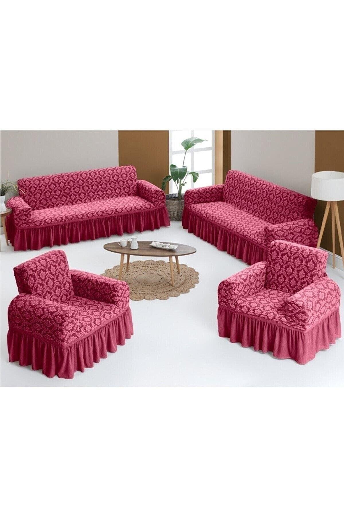 Jakarlı Koltuk Örtüsü Takımı 3+3+1+1 (bordo)