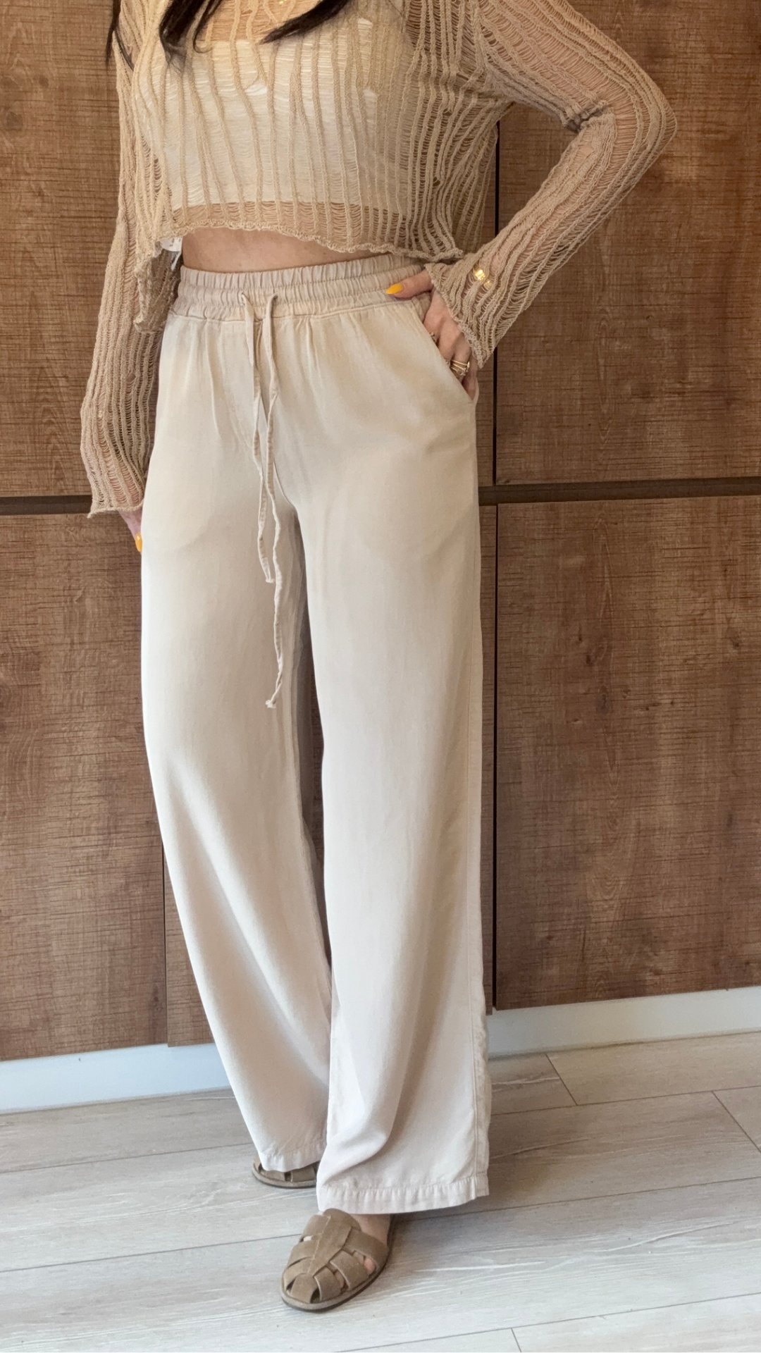 %100 Tencel Bej Palozzo Pantolon 