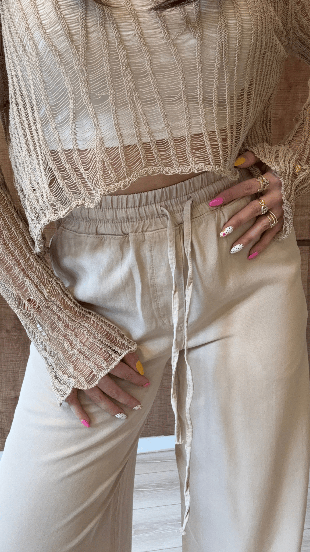 %100 Tencel Bej Palozzo Pantolon 
