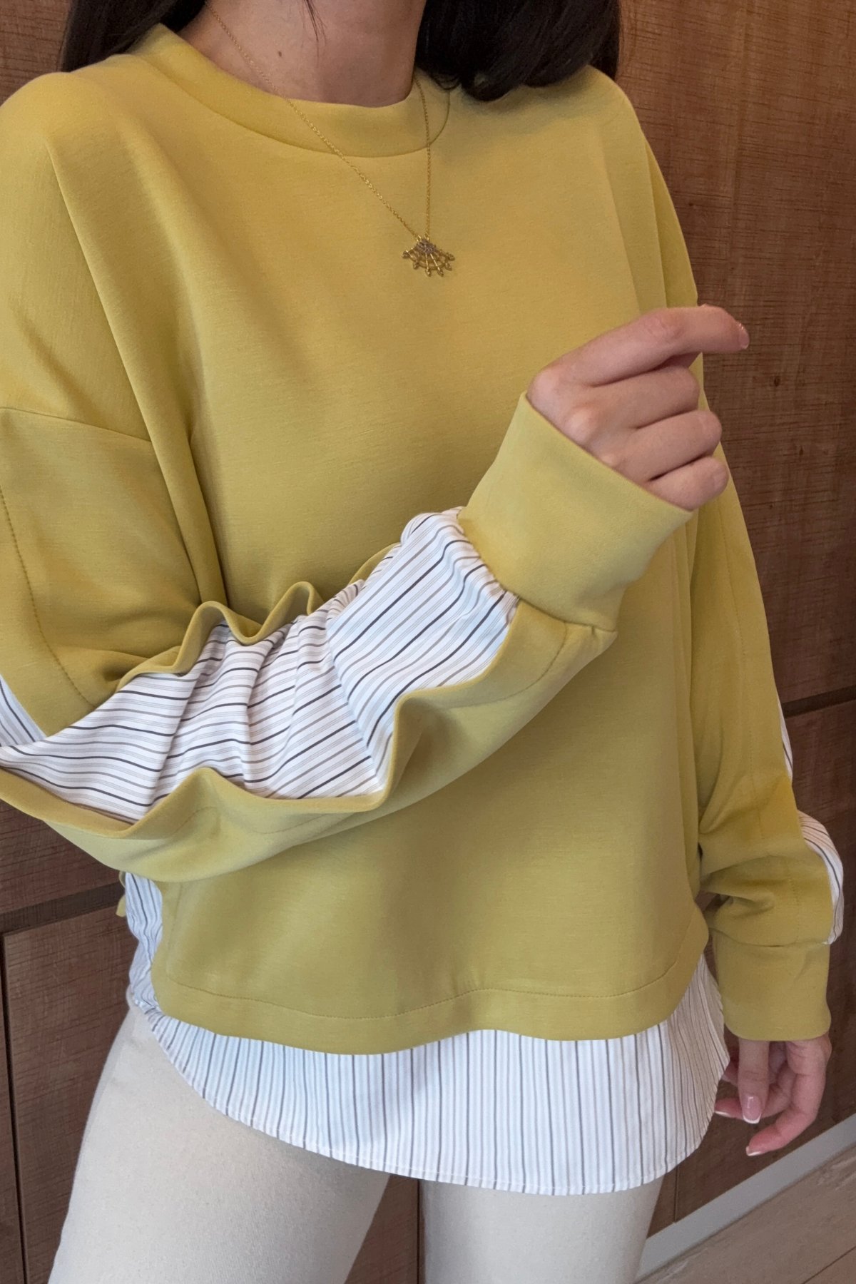 Modal Dokulu Çizgili Patça Detay Sweatshirt