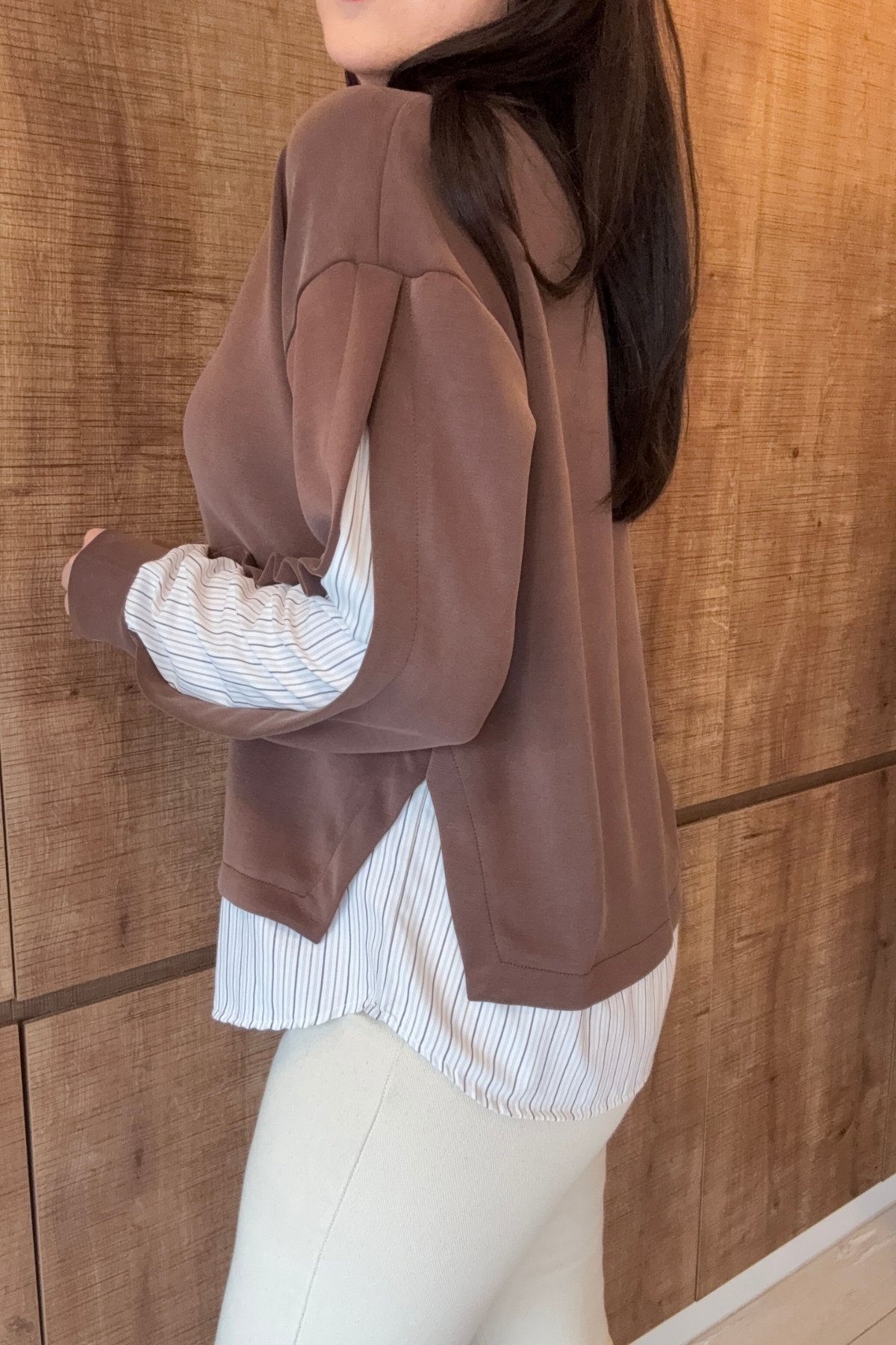 Modal Dokulu Çizgili Patça Detay Sweatshirt