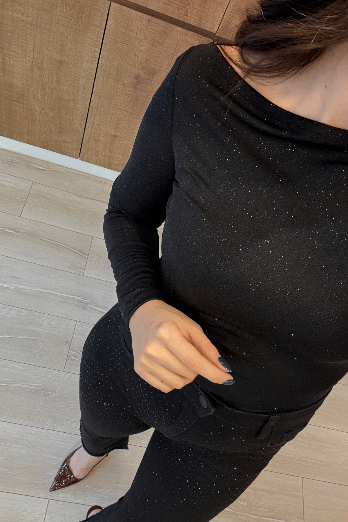Simli kayık yaka bluz