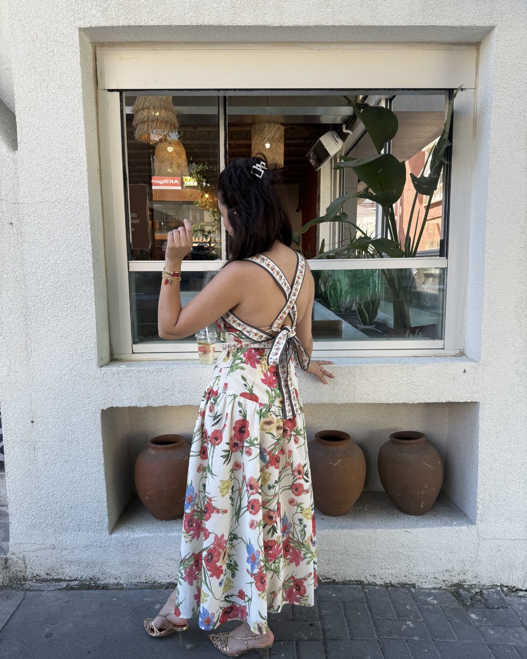 Sırt Bağlama Detay Keten Floral Elbise 