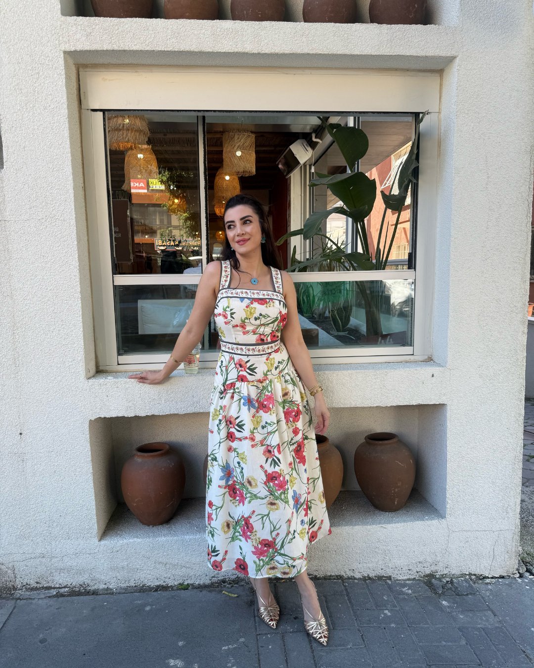 Sırt Bağlama Detay Keten Floral Elbise 