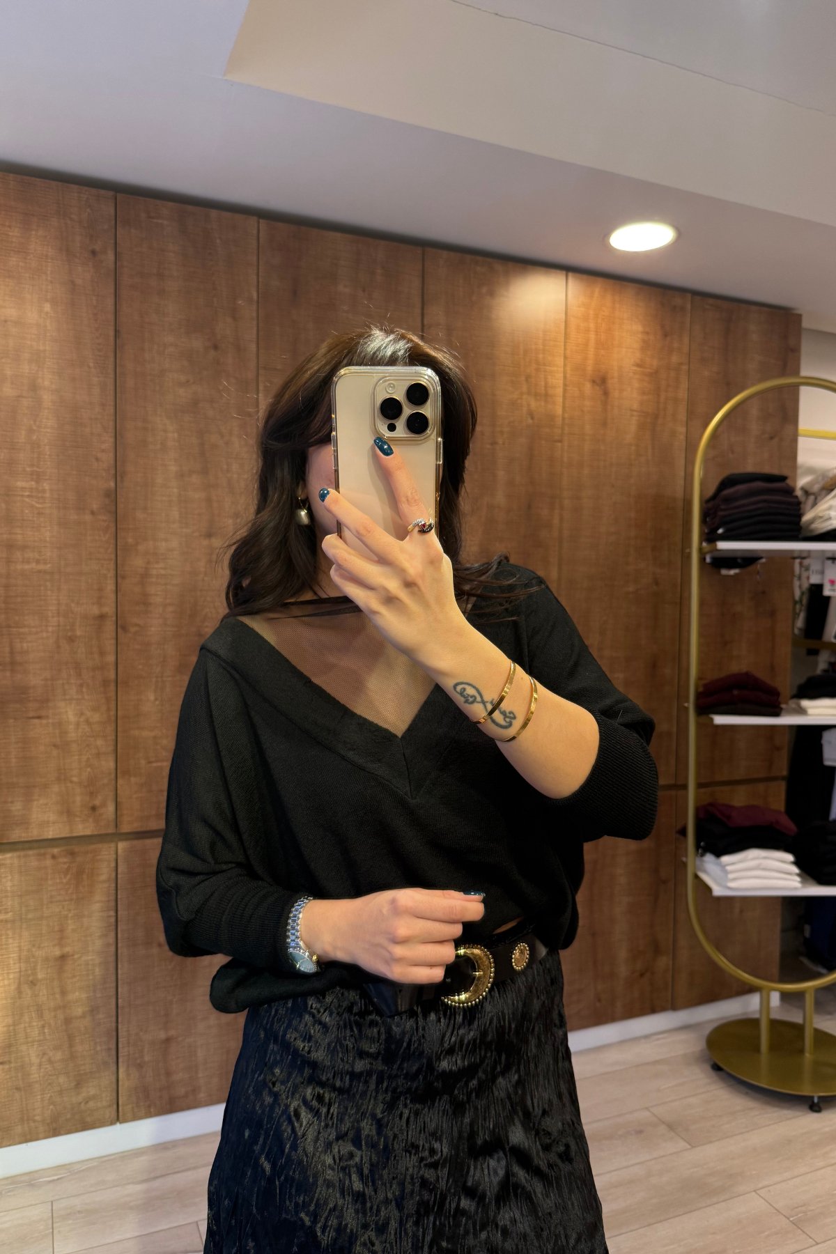 Transparan tül detay premium doku triko bluz