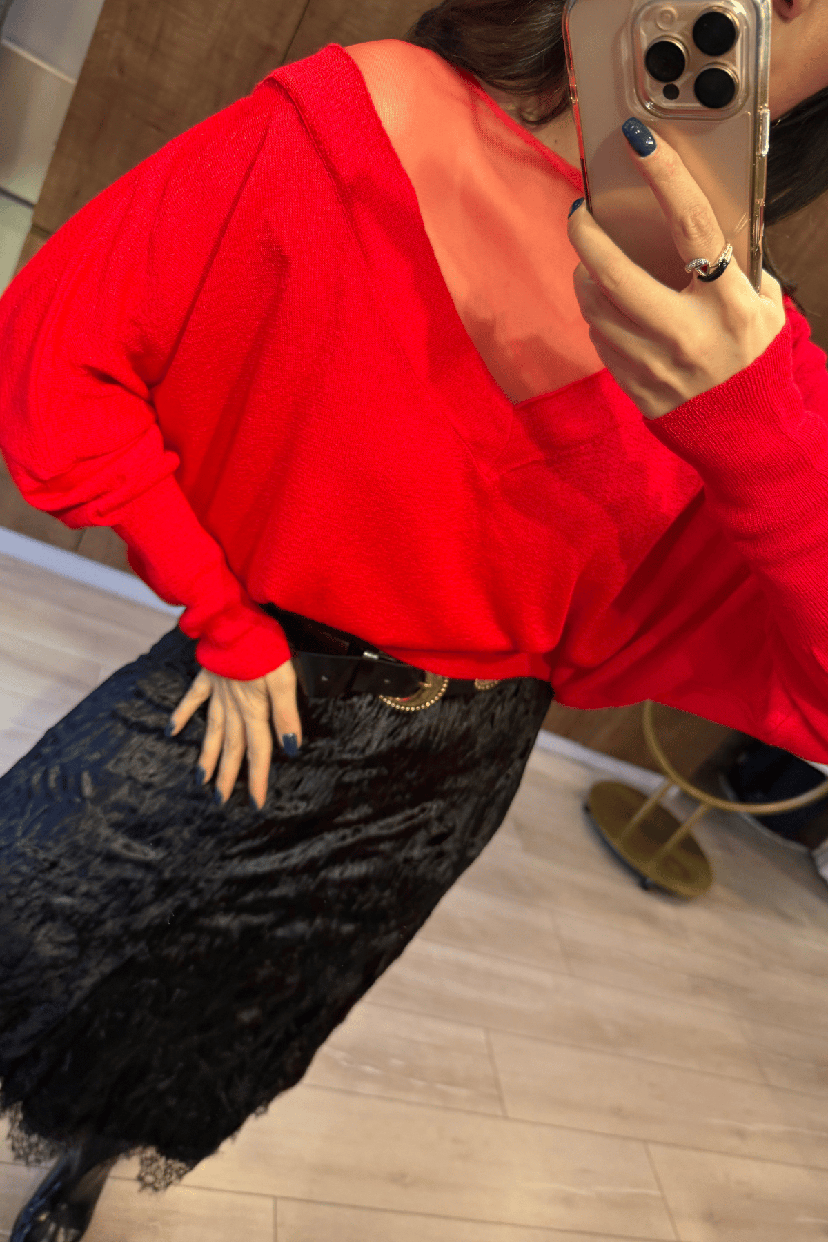 Transparan tül detay premium doku triko bluz