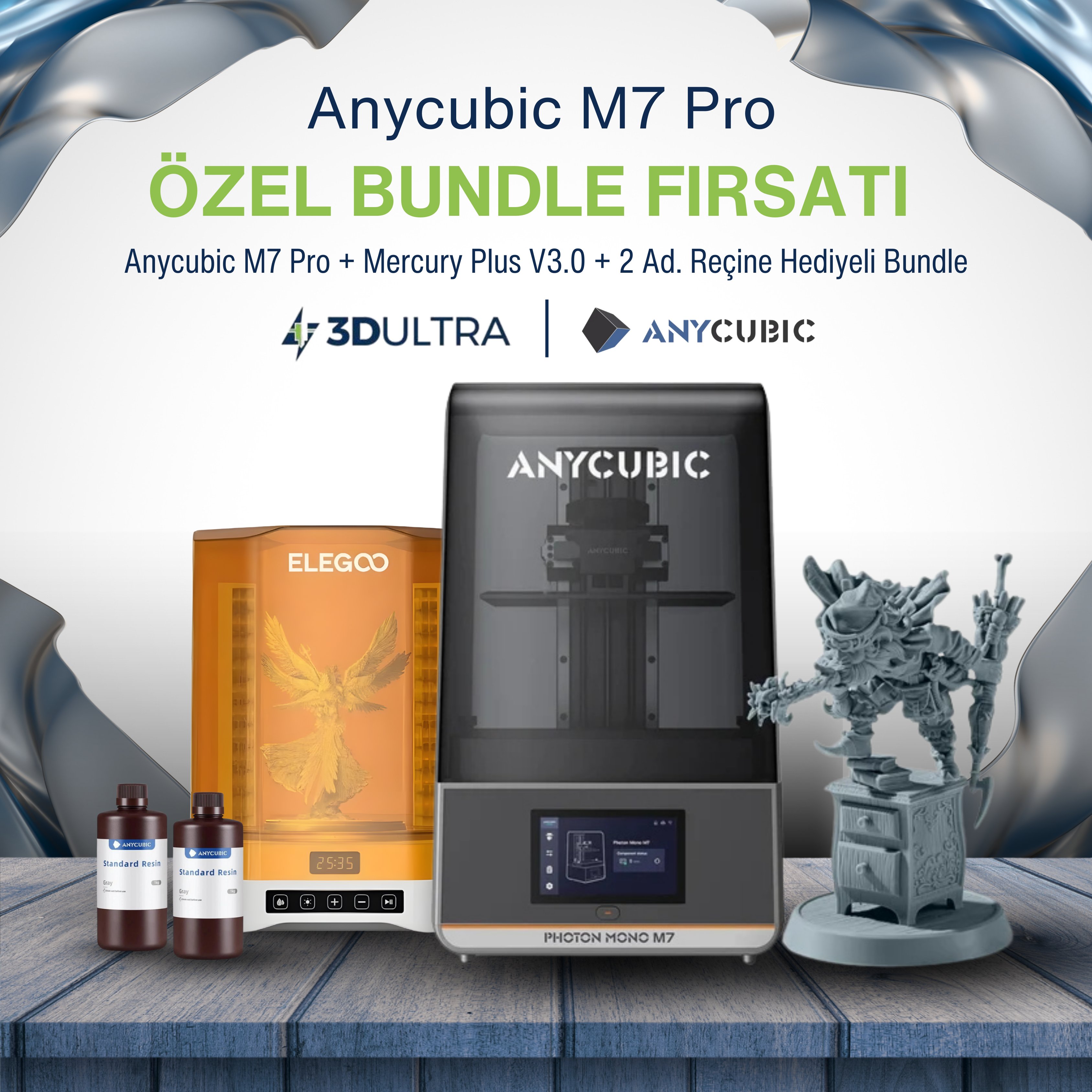 Anycubic M7 Pro + Elegoo Mercury Plus v3.0 Bundle (Reçine Hediyeli)