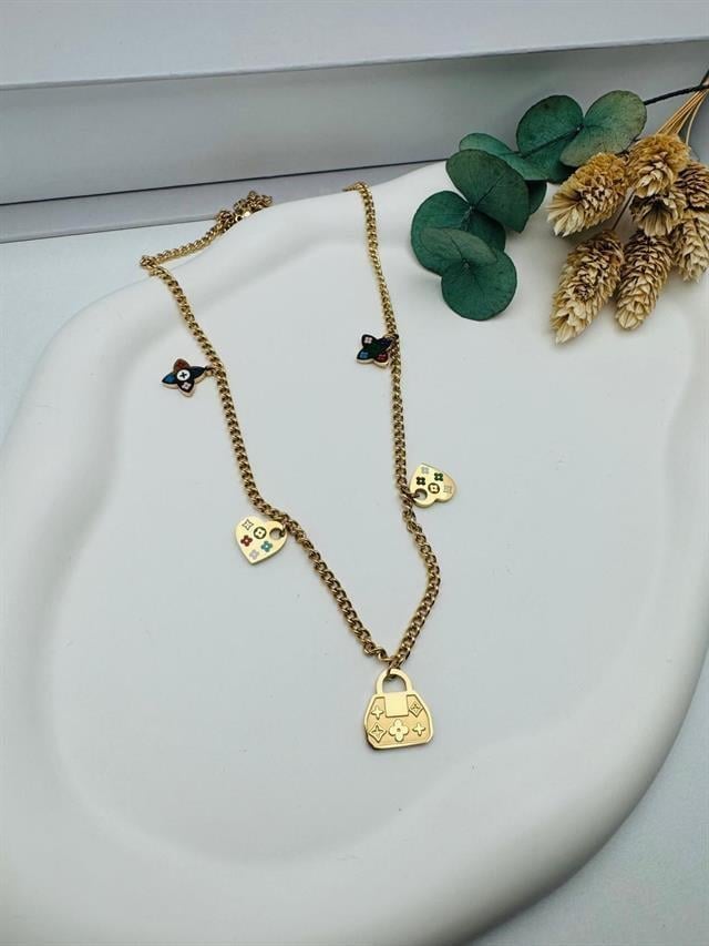 Kalpli  Detaylı Çelik Kolye (Gold) 010666