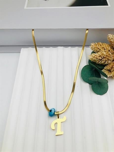 Nazar Boncuklu İtalyan (T) Harf Çelik Kolye 45 cm (Gold) 0106248