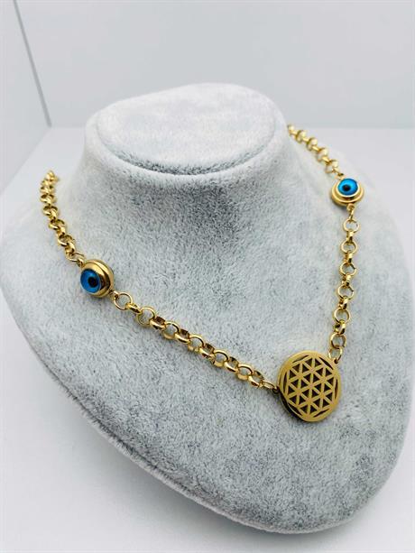 Nazar Boncuklu Yaşam Çiçeği Çelik Kolye (Gold) 010604-1