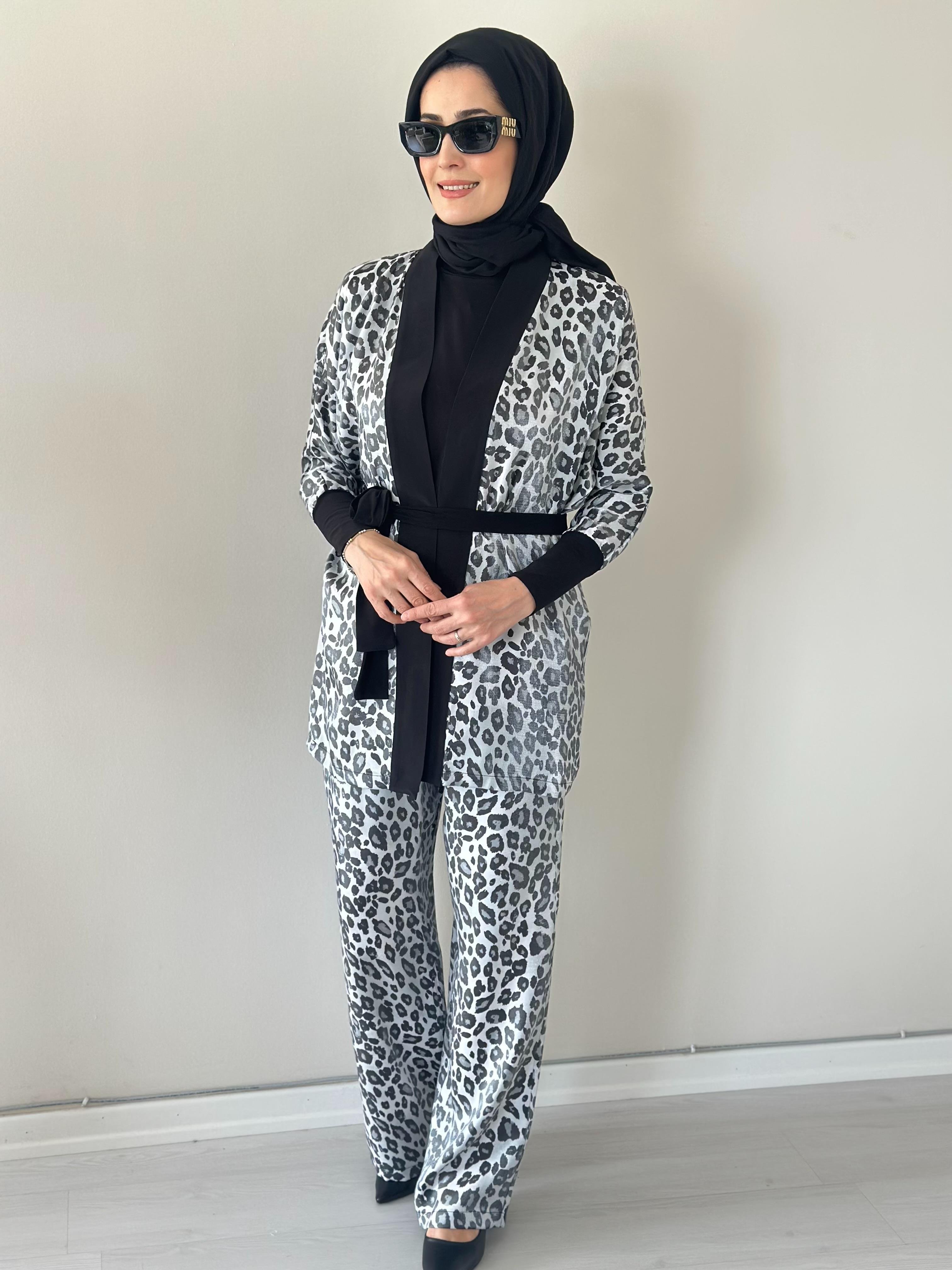 Evan Shine Gri  Leopar Kimono Pantolon Takım