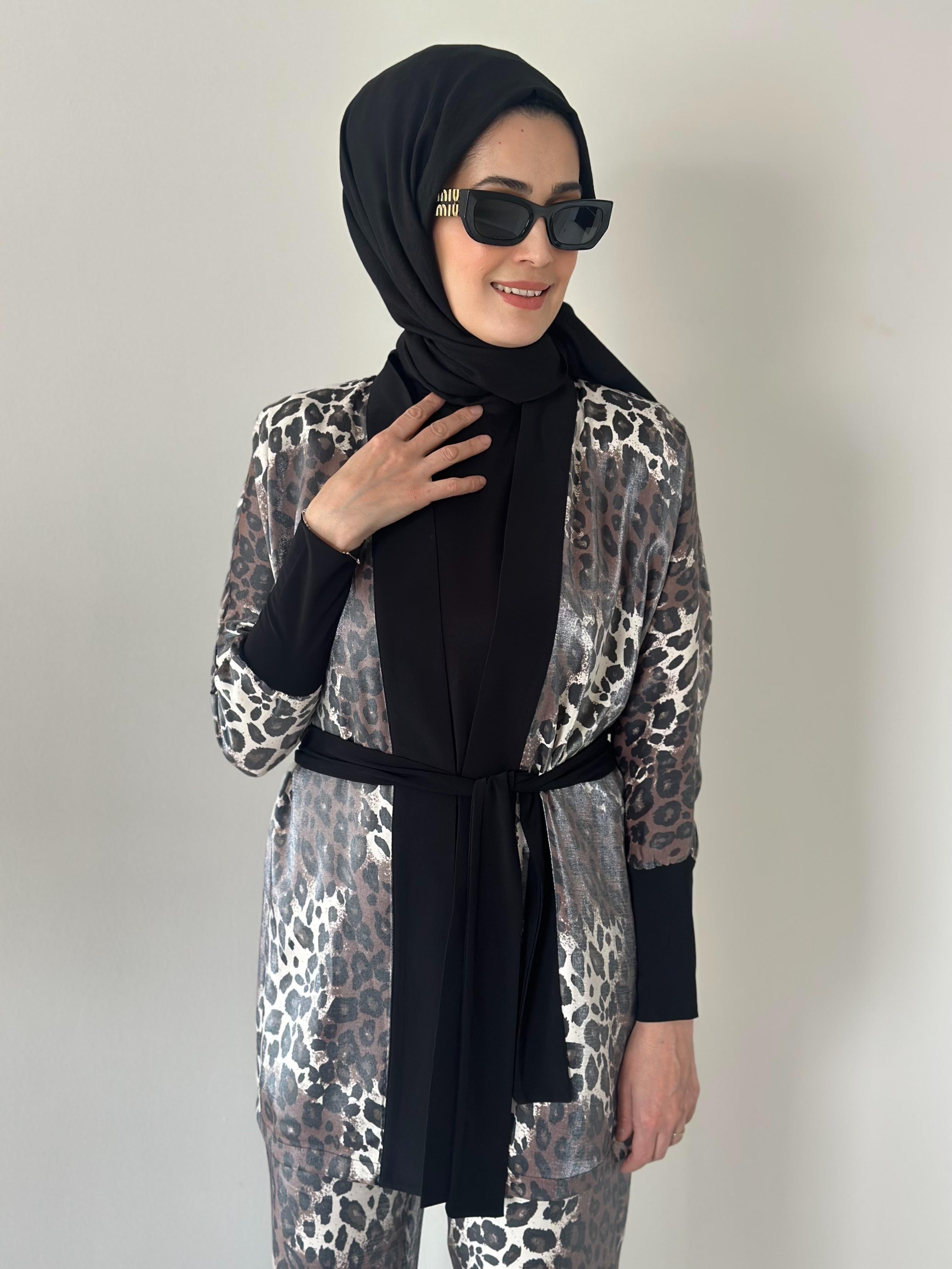 Evan Shine Kahve Leopar Kimono Pantolon Takım