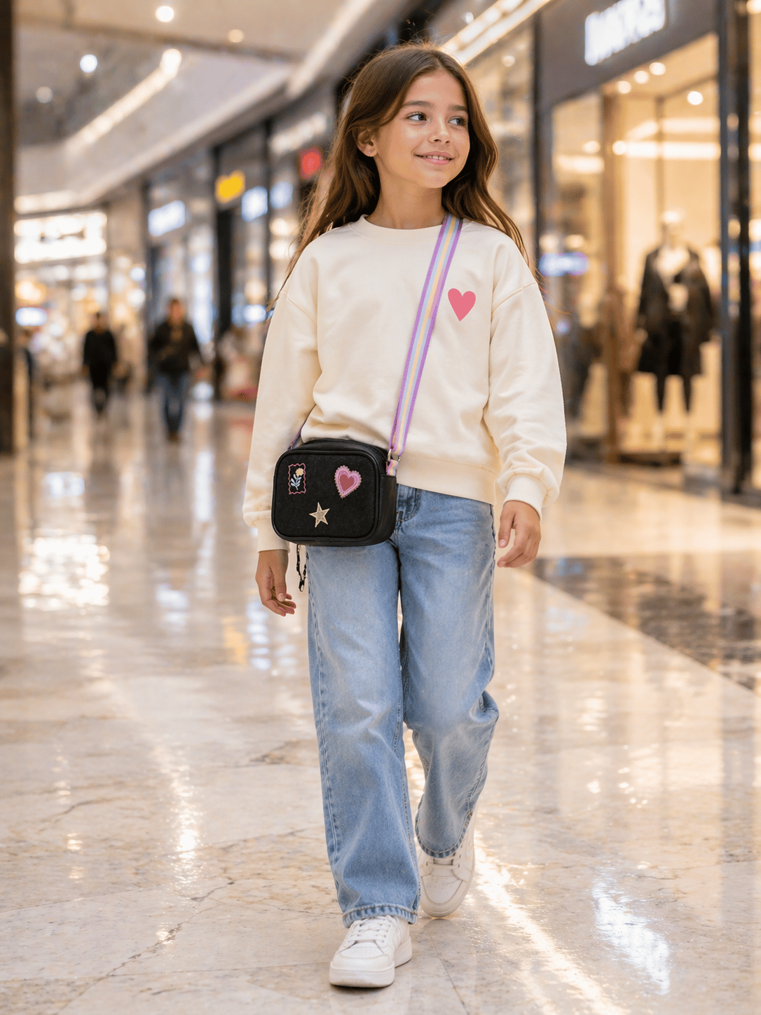 Denim Nakışlı Kız Çocuk Omuz Çantası, Siyah Denim İşlemeli Kız Çocuk Çantası, Siyah Kot Çocuk Çanta