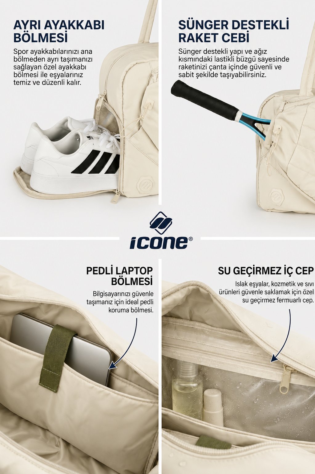 İcone Bag Paraşüt Kumaş Raket Gözlü Tenis Çantası, Spor Çantası Ve Tenis Çantası, Padel Çantası BEJ
