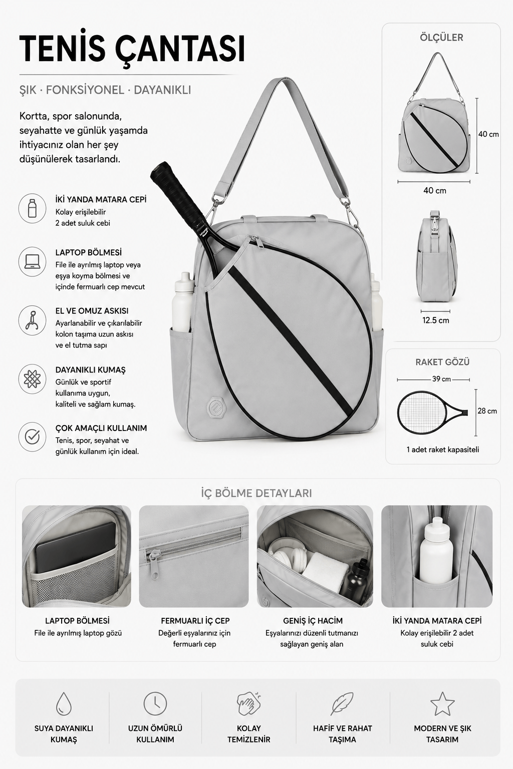 Paraşüt Kumaş Tenis çantası,Padel Çantası, Raket Cepli Tenis Çantası, Tennis Bag