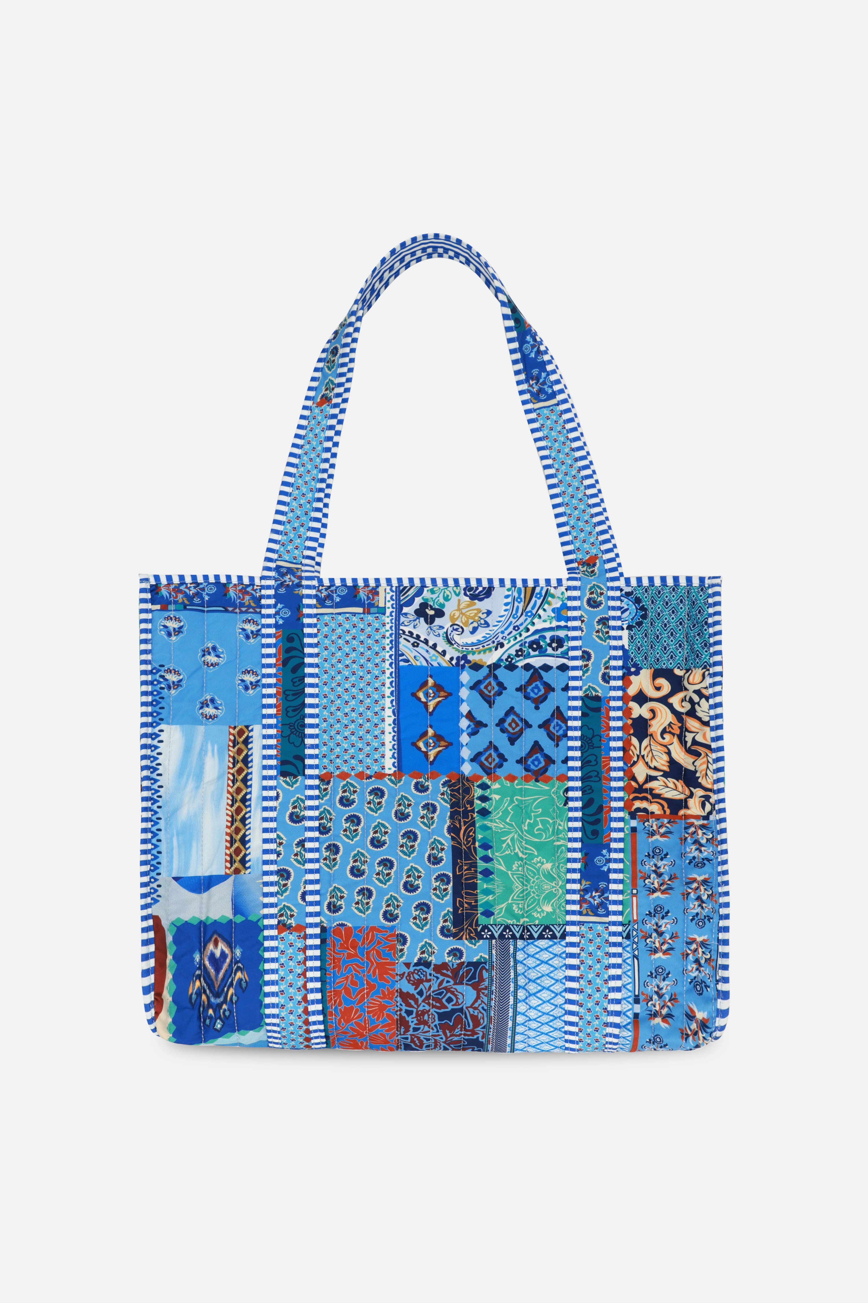 Patch Baskılı Kapitoneli Plaj Çantası, İçi Çizgili Baskılı ve Cepli Shopper Çanta, Plaj Çantası