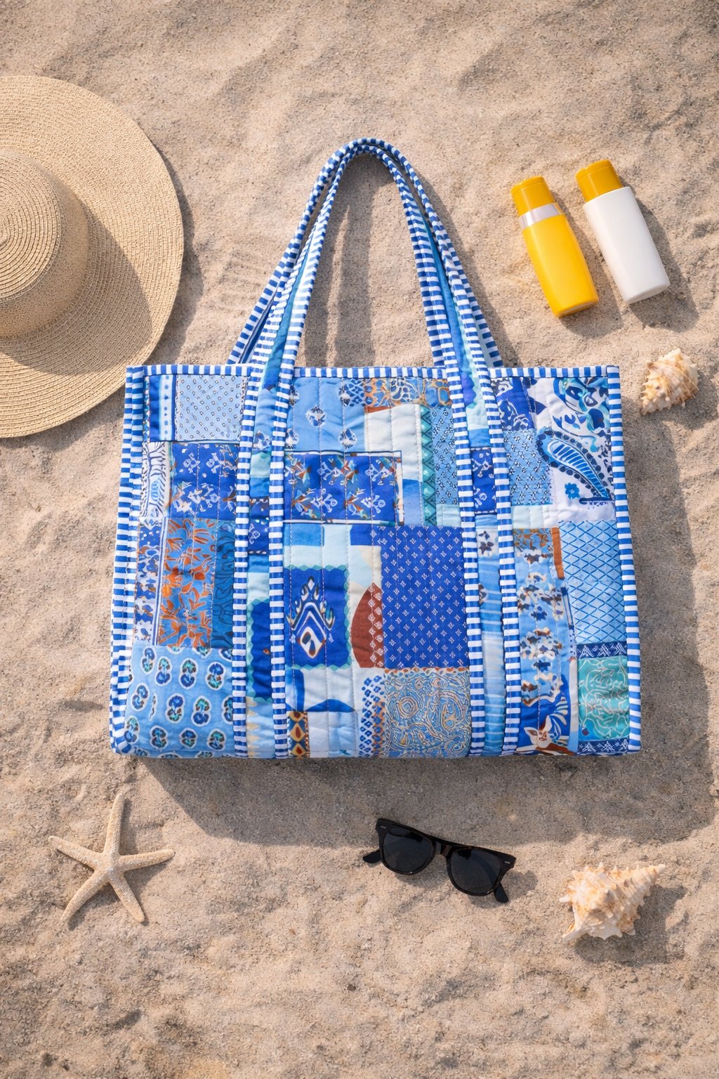 Patch Baskılı Kapitoneli Plaj Çantası, İçi Çizgili Baskılı ve Cepli Shopper Çanta, Plaj Çantası