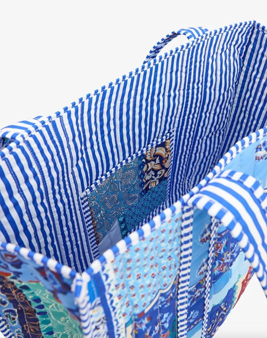 Patch Baskılı Kapitoneli Plaj Çantası, İçi Çizgili Baskılı ve Cepli Shopper Çanta, Plaj Çantası