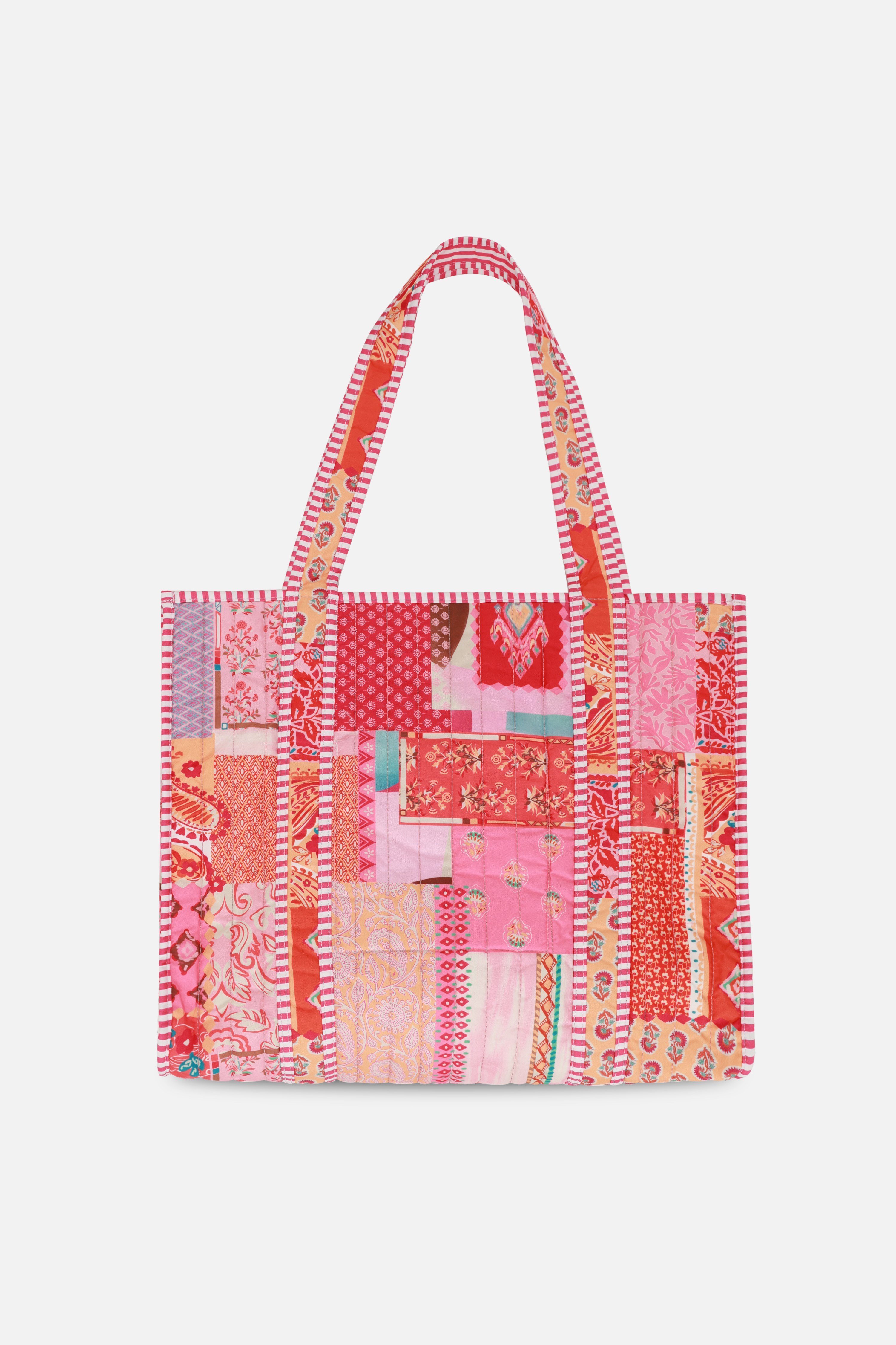 Patch Baskılı Kapitoneli Plaj Çantası, İçi Çizgili Baskılı ve Cepli Shopper Çanta, Plaj Çantası
