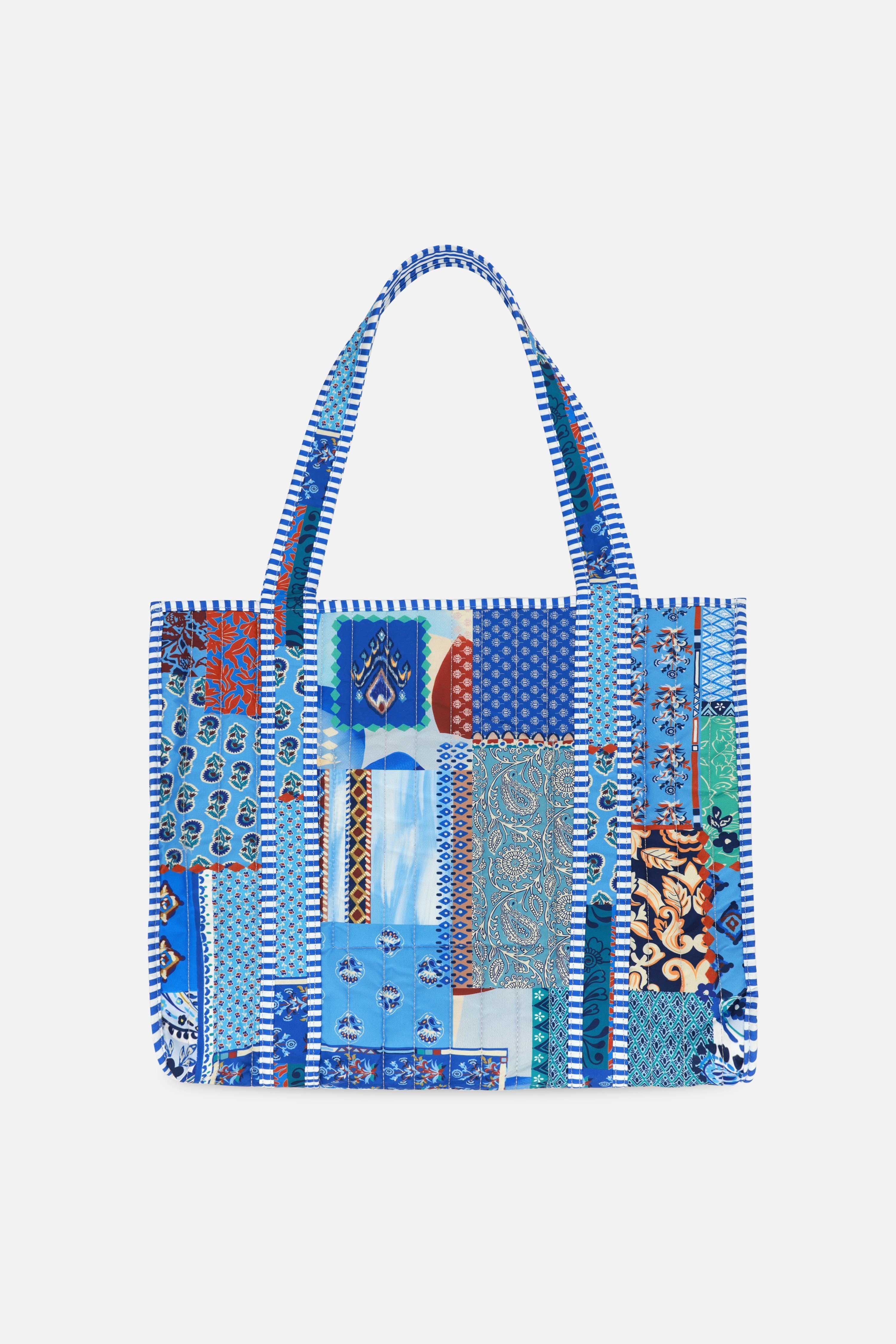 Patch Baskılı Kapitoneli Plaj Çantası, İçi Çizgili Baskılı ve Cepli Shopper Çanta, Plaj Çantası