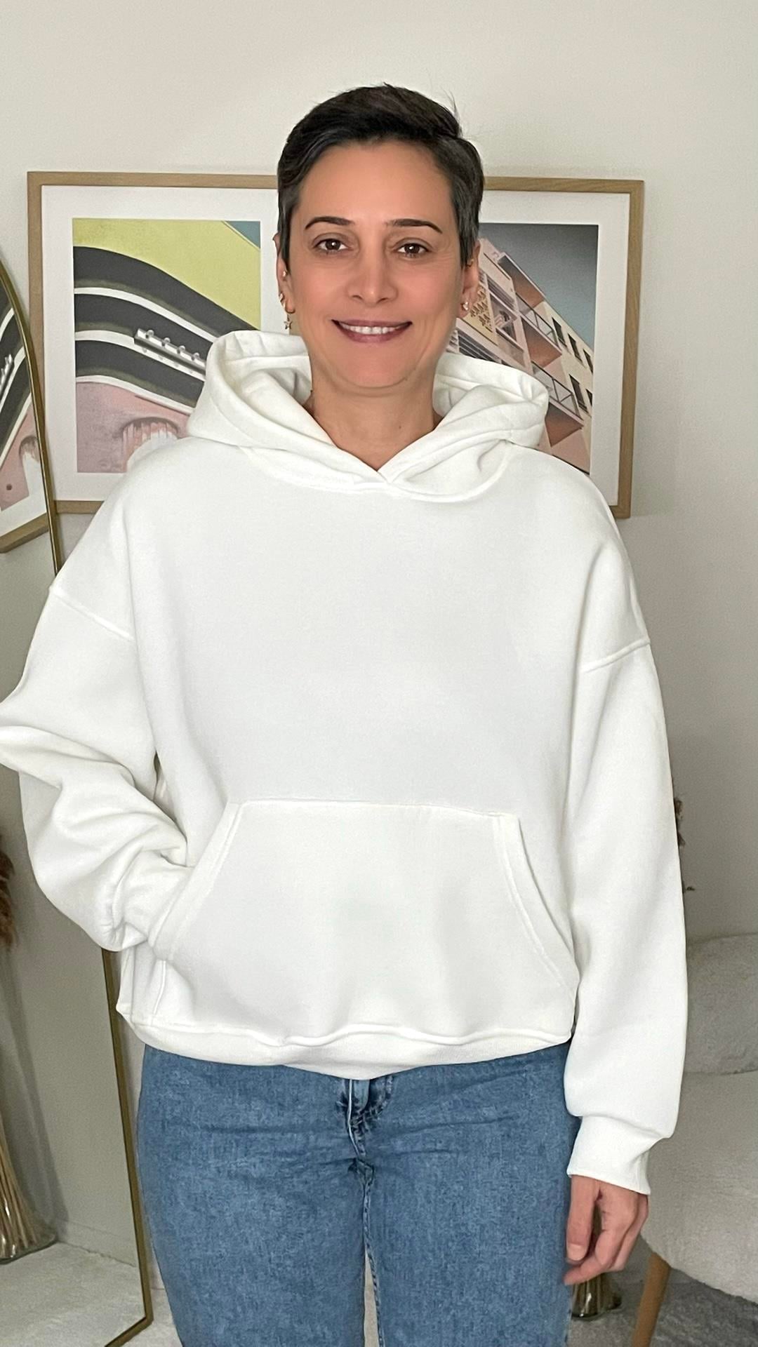 Kanguru Cepli Kapüşonlu Sweatshirt - Beyaz