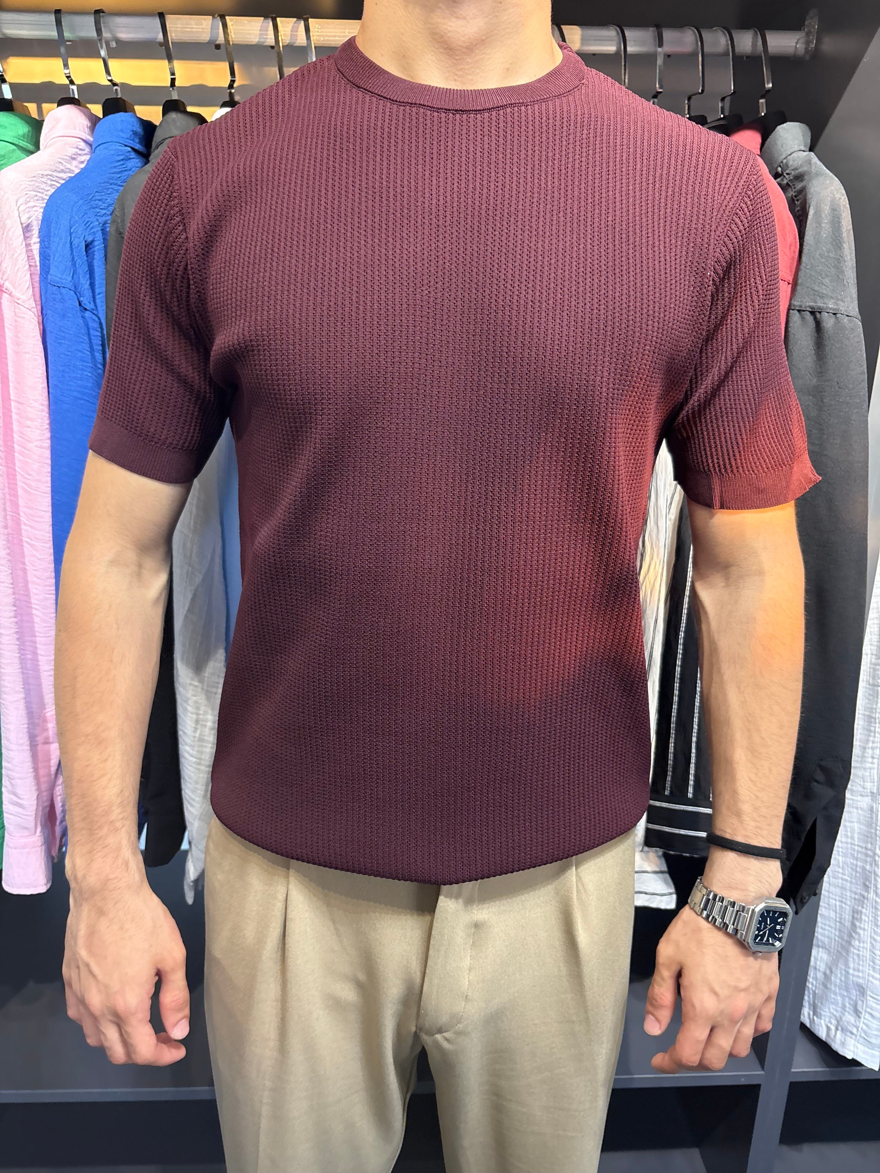 Bisiklet Yaka Örme Triko Tshirt Bordo