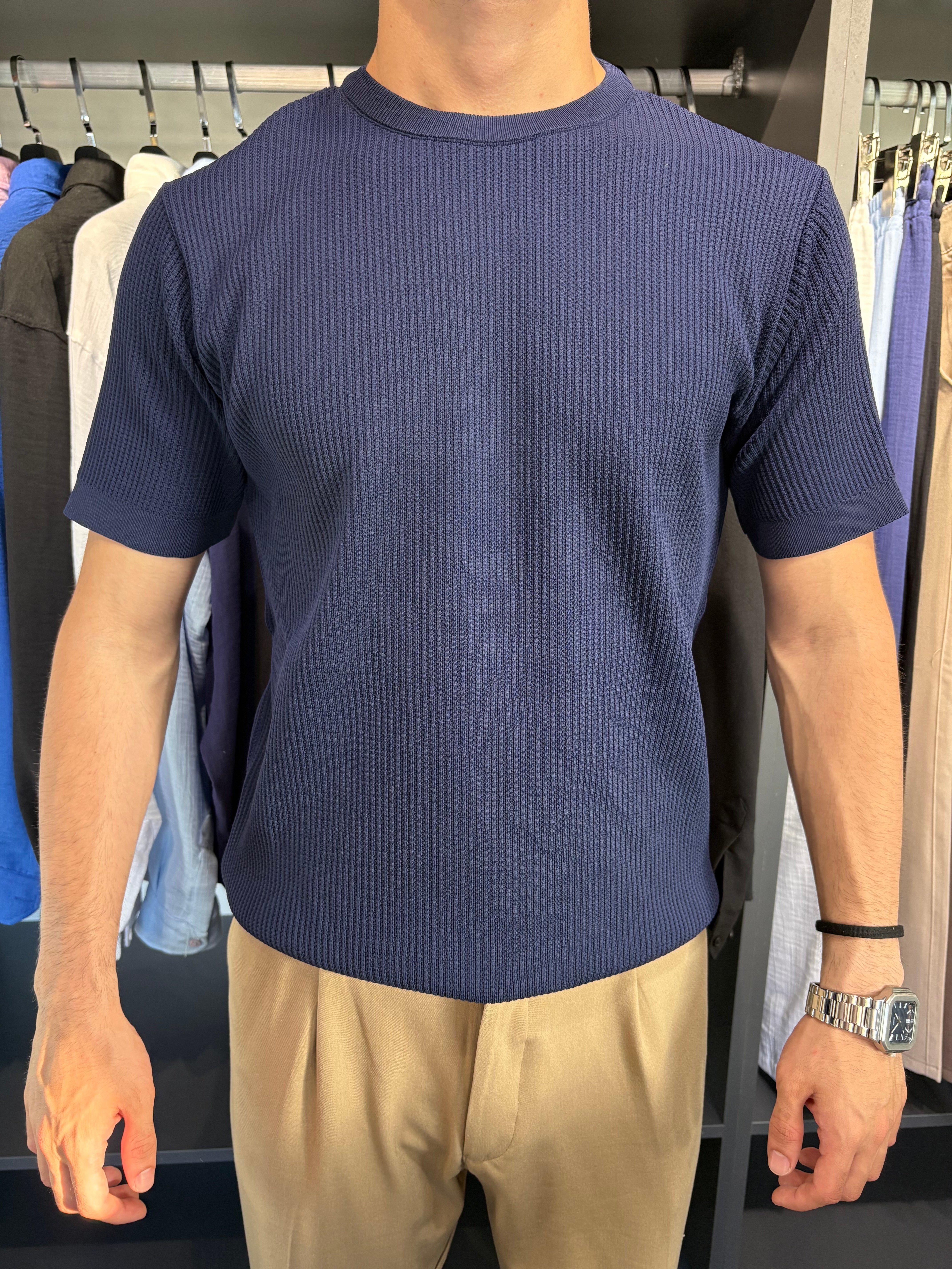 Bisiklet Yaka Örme Triko Tshirt Lacivert