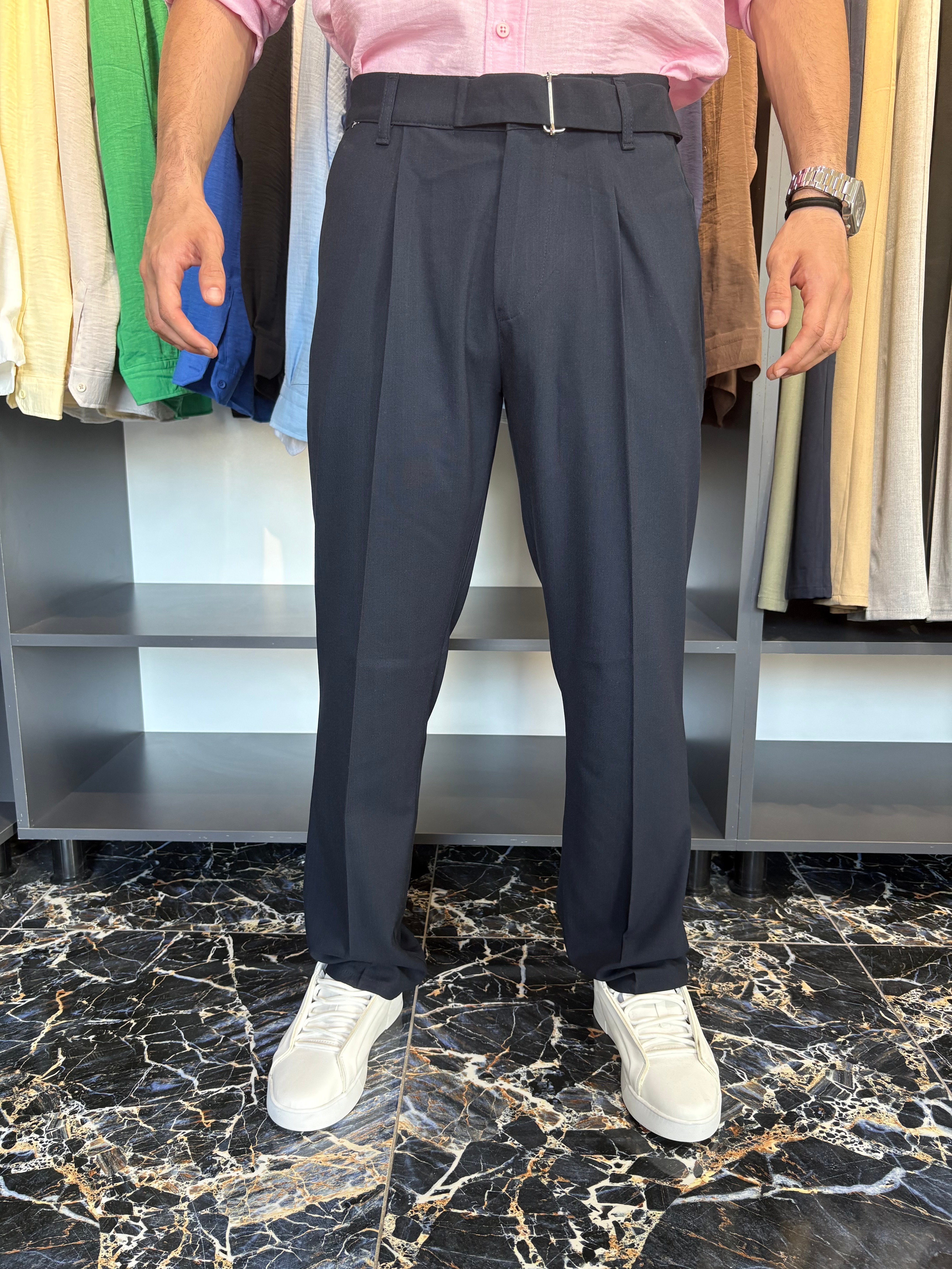 Kemer Detaylı Baggy Kumaş Pantolon Lacivert