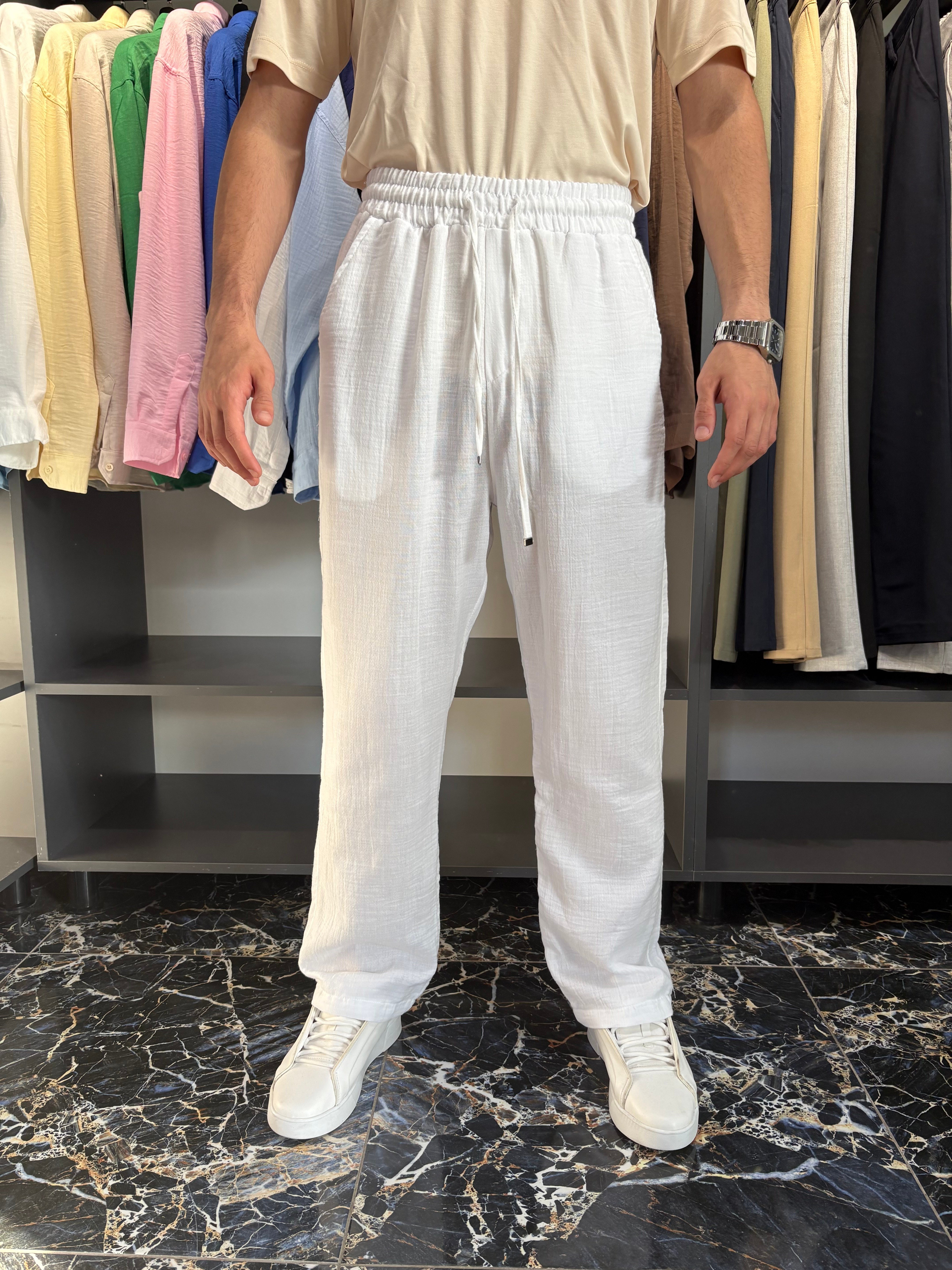 Lenasso Müslin Keten Pantolon Baggy Beyaz