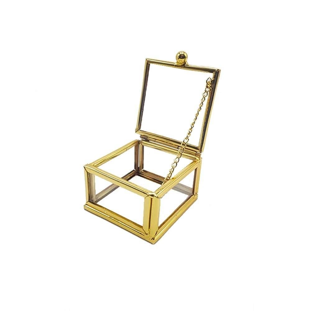 Kare Cam Yüzük Kutusu - Zincirli Altın