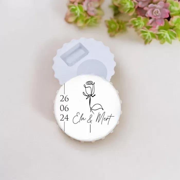 Nikah Hatırası Beyaz Gül Tasarımlı Gazoz Kapak Açacak Magnet 15 Adet