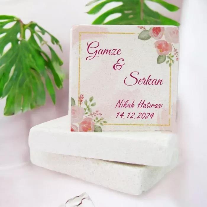 Kişiye Özel Soft Pembe Tasarımlı Kare Doğal Taş Magnet 15 Adet