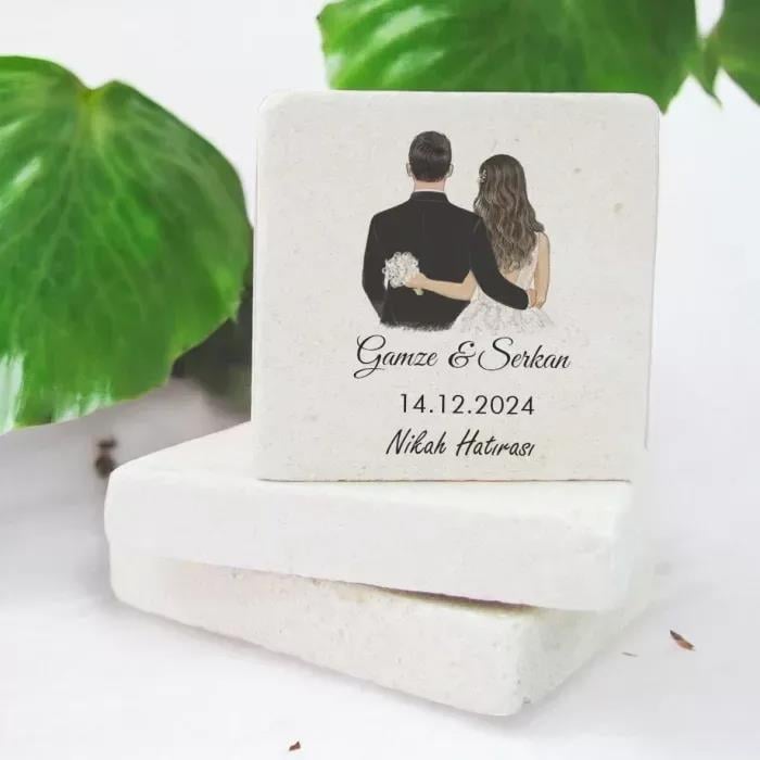 Kişiye Özel Gelin Damat Tasarımlı Kare Doğal Taş Magnet 15 Adet