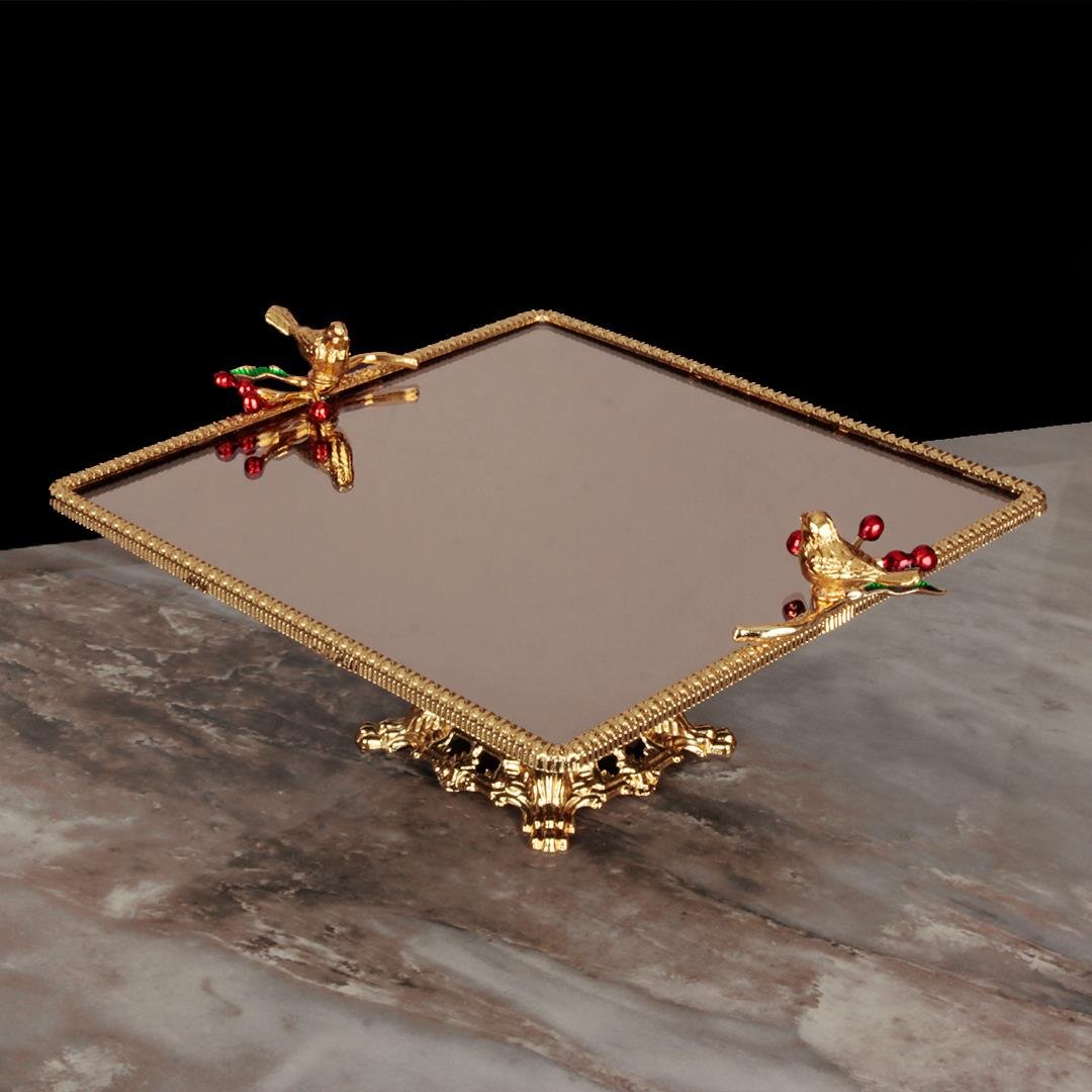Bird SerisiBird Kare Aynalı Ayaklı Tepsi Büyük Boy - Gold