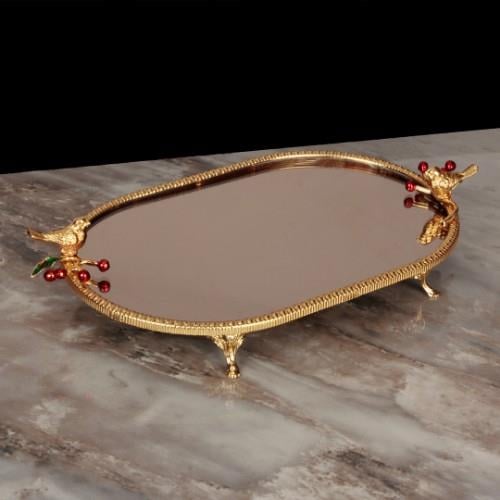 Bird Oval Aynalı Dört Ayaklı Tepsi Büyük Boy - Gold